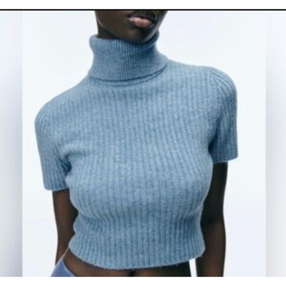 Zara Womens Wool Blend Ribbed‎ Turtleneck Short Sleeve S Blue Quiet Luxury